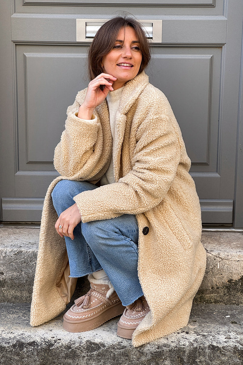 Beige Notched Collar Sherpa Coat