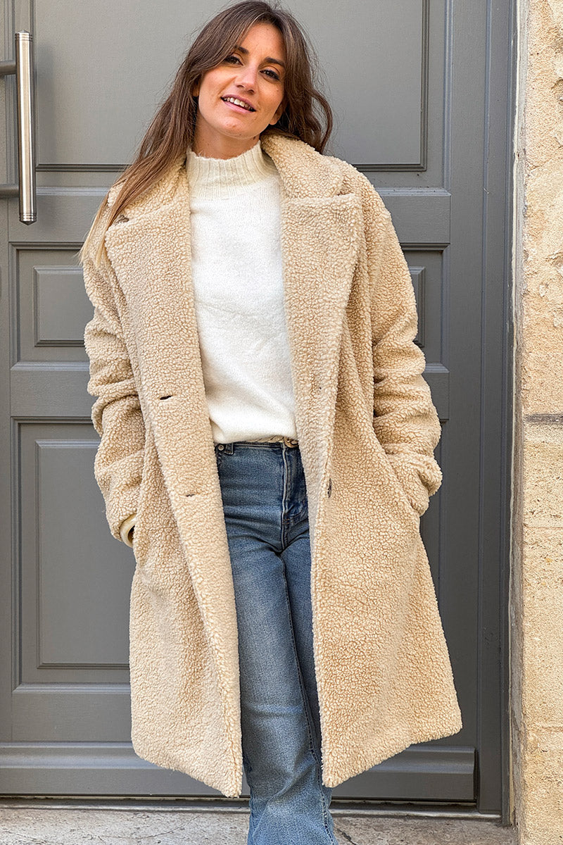 Beige Notched Collar Sherpa Coat