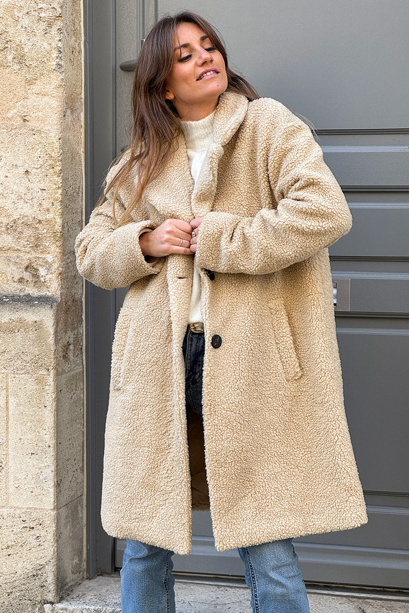 Beige Notched Collar Sherpa Coat
