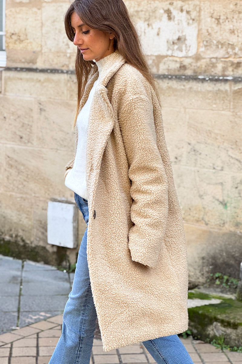 Beige Notched Collar Sherpa Coat