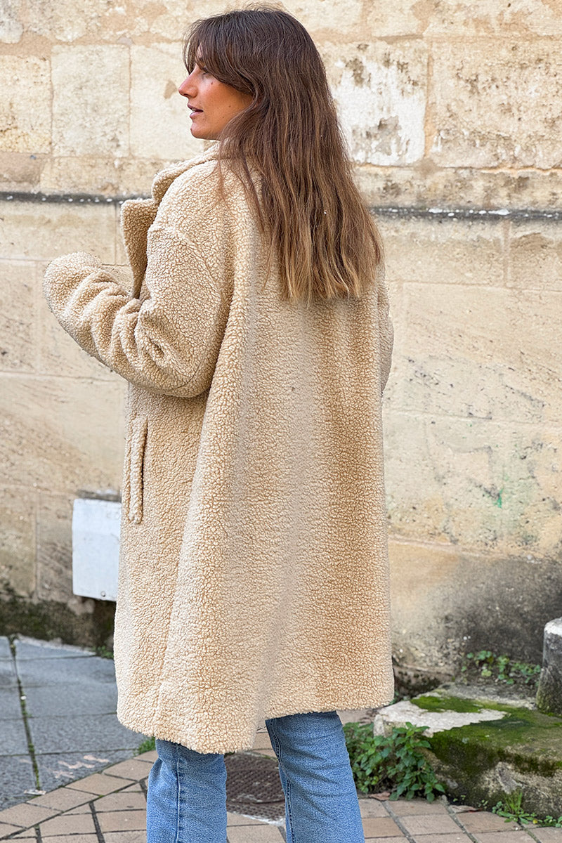 Beige Notched Collar Sherpa Coat