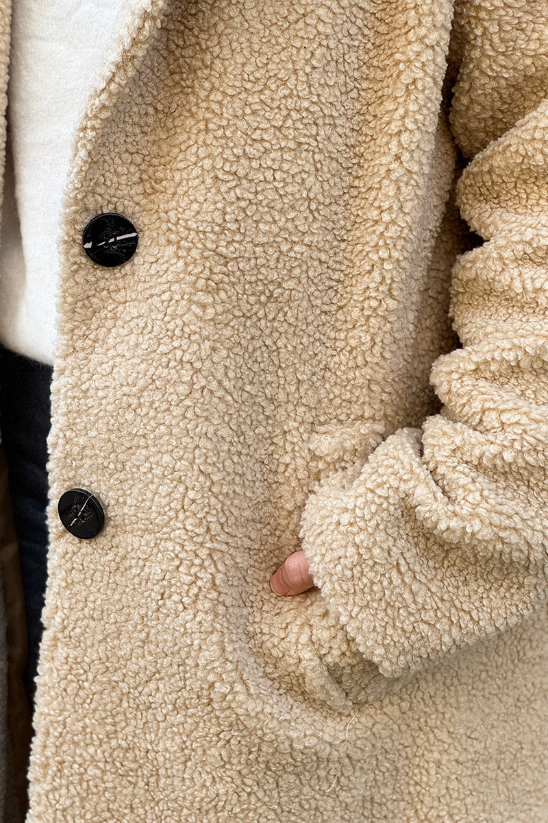 Beige Notched Collar Sherpa Coat