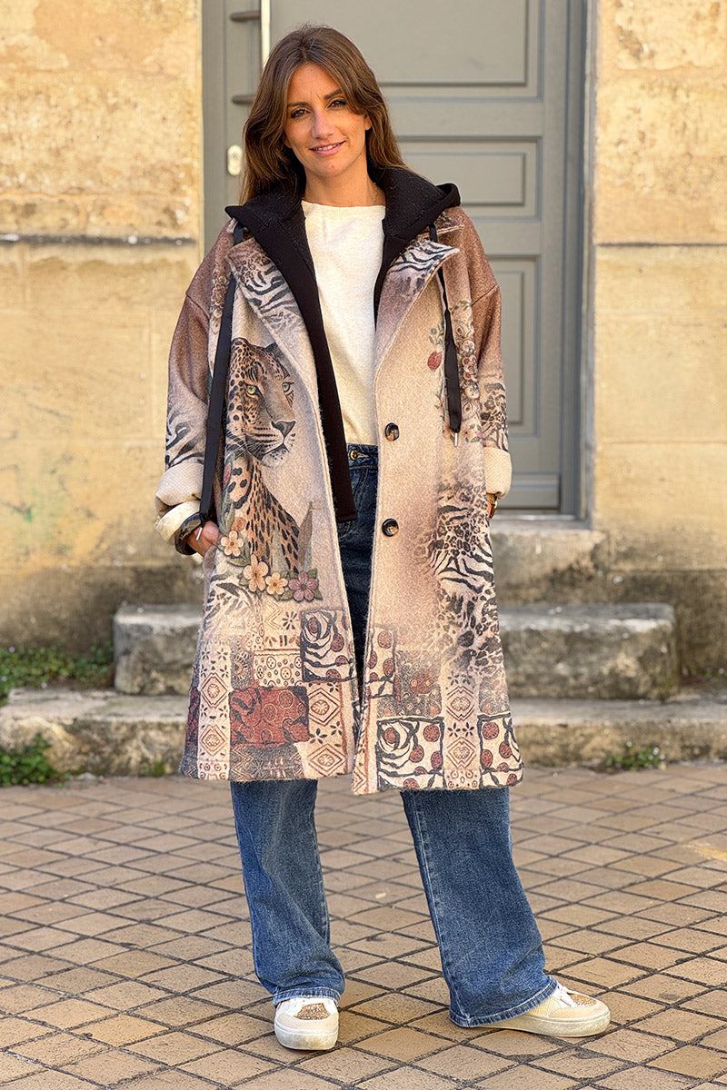 Manteau beige style laine bouillie imprimé léopard tigre zèbre - Main Image