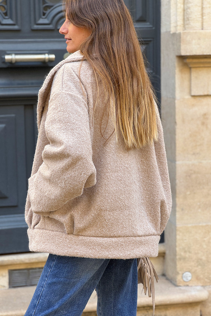 Beige Fuzzy Knit Casual Coat