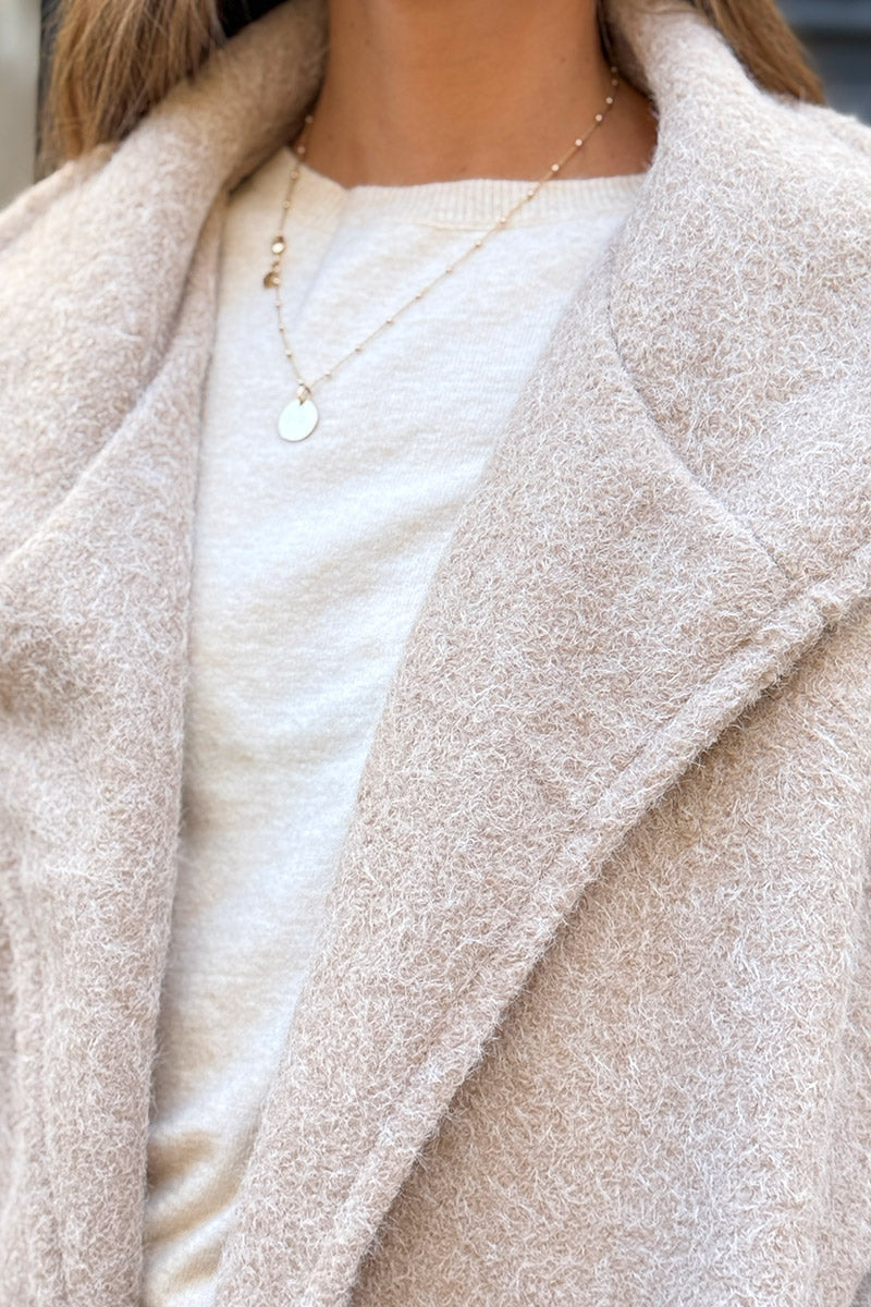 Beige Fuzzy Knit Casual Coat