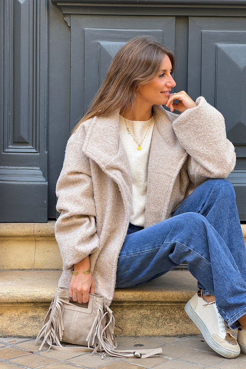 Beige Fuzzy Knit Casual Coat
