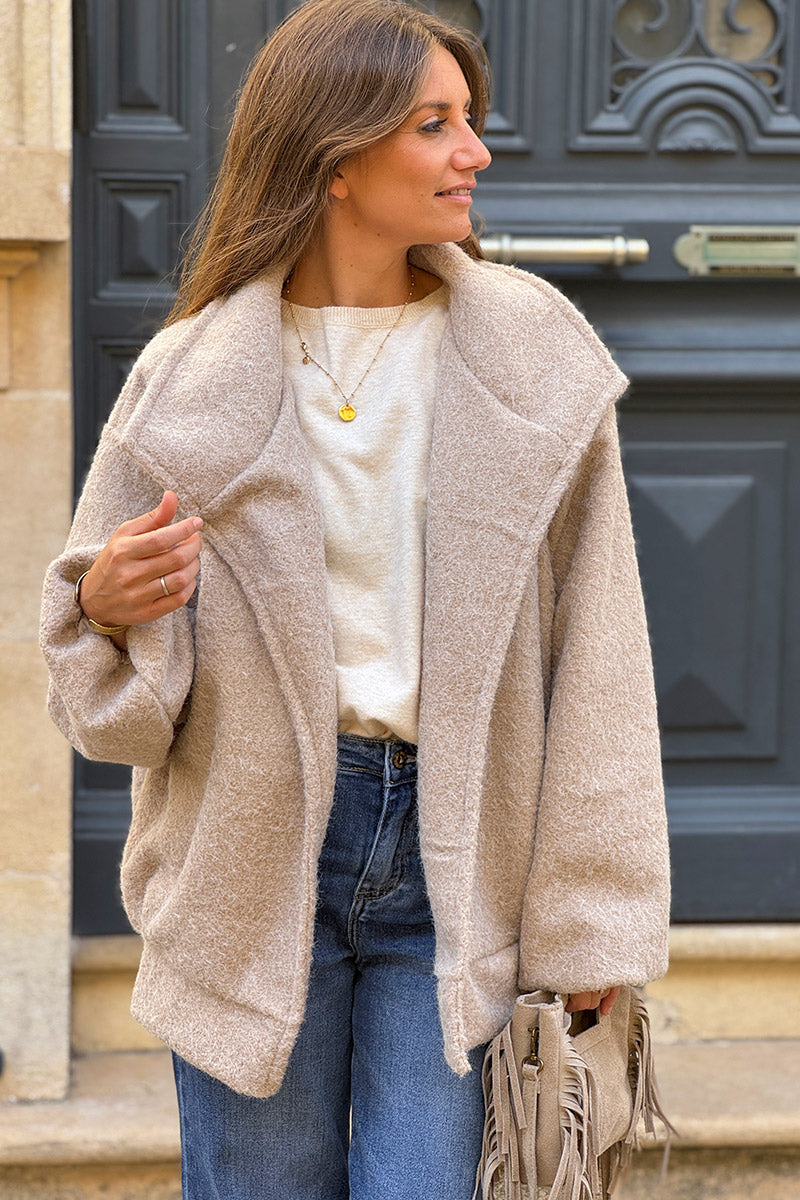 Beige Fuzzy Knit Casual Coat