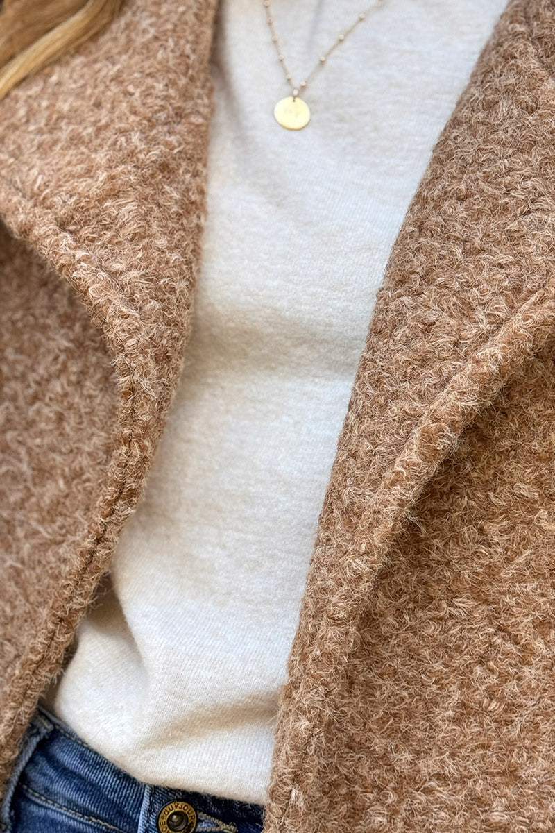 Camel Fuzzy Knit Casual Coat