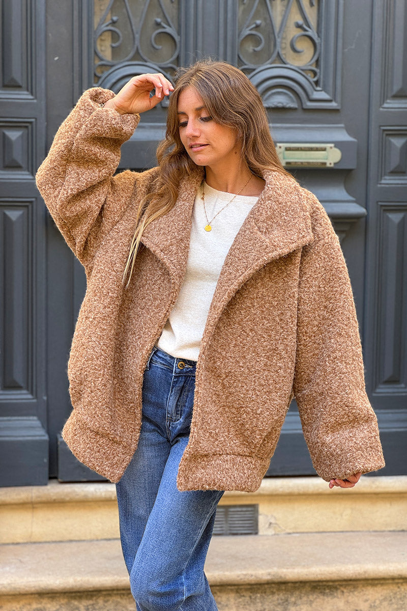 Camel Fuzzy Knit Casual Coat