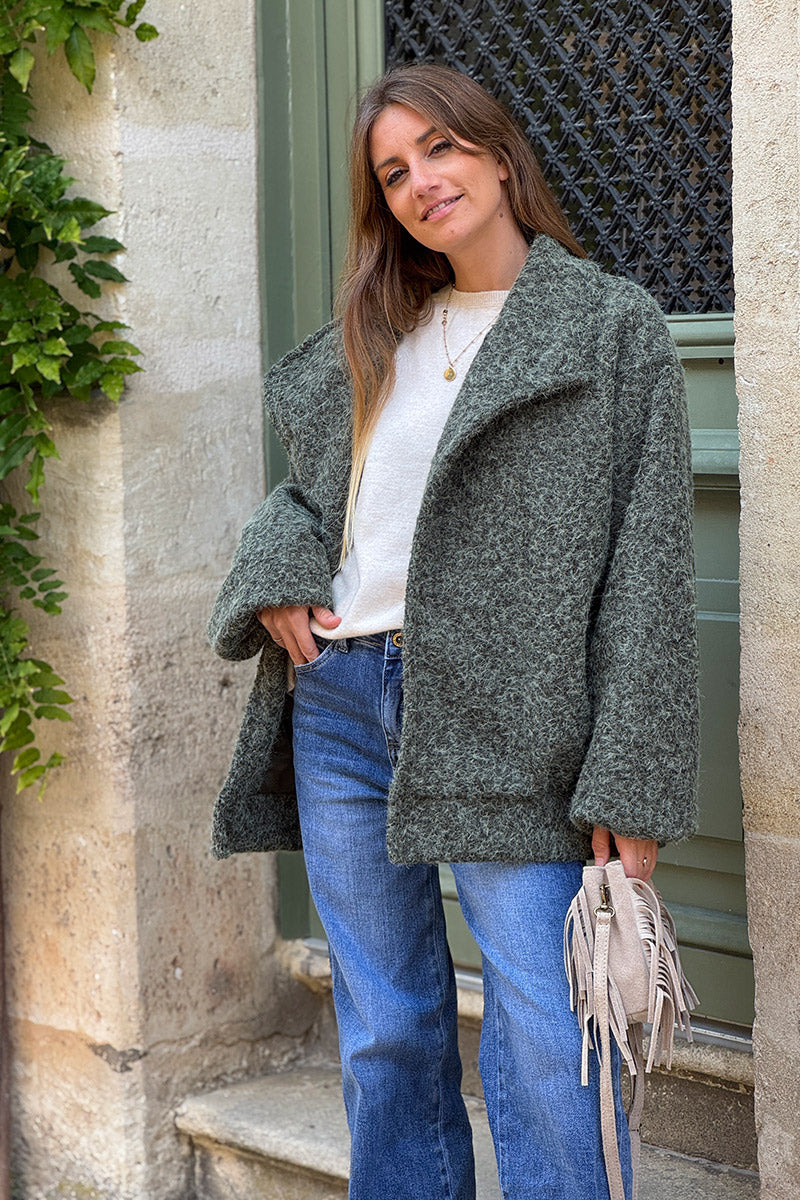 Manteau blouson kaki en bouclettes style laine bouillie