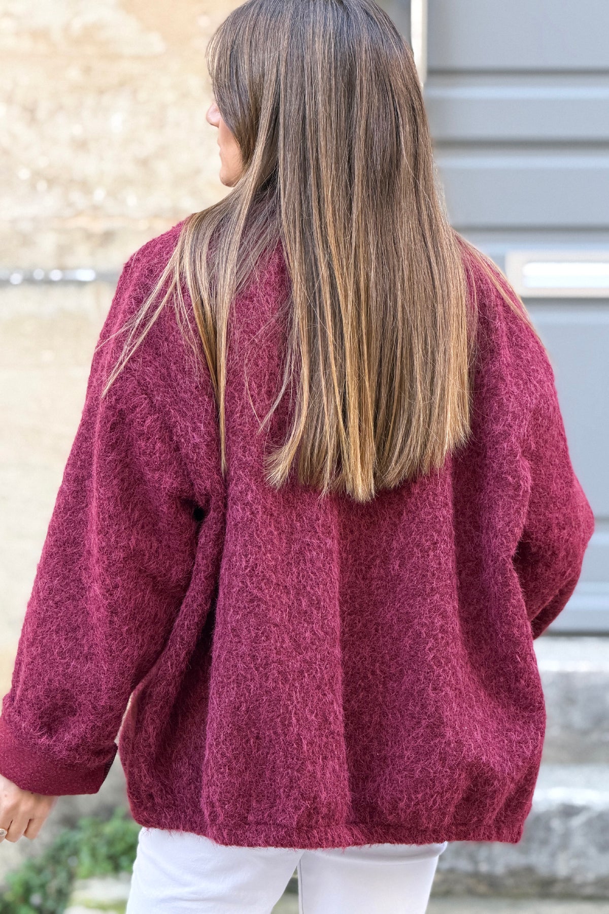 Manteau bordeaux chiné effet bouclettes poches et boutons écaille