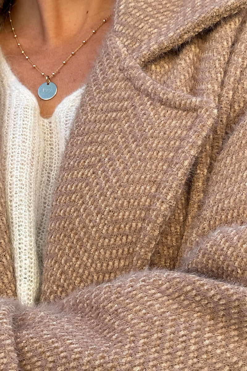 Camel Herringbone Knit Sweater Coat