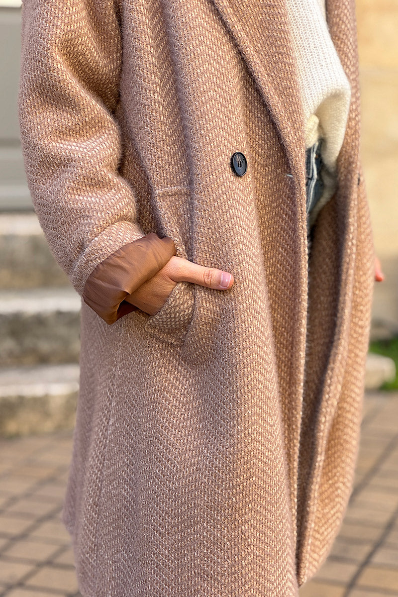 Camel Herringbone Knit Sweater Coat