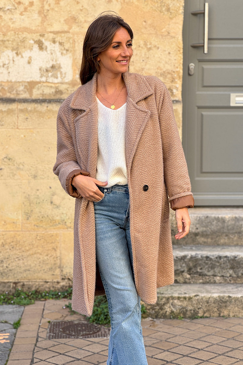 Camel Herringbone Knit Sweater Coat