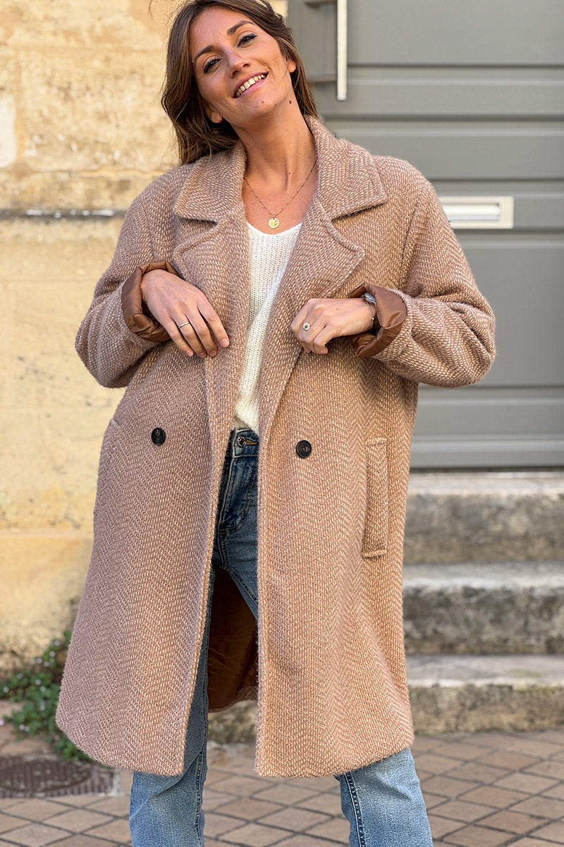 Camel Herringbone Knit Sweater Coat