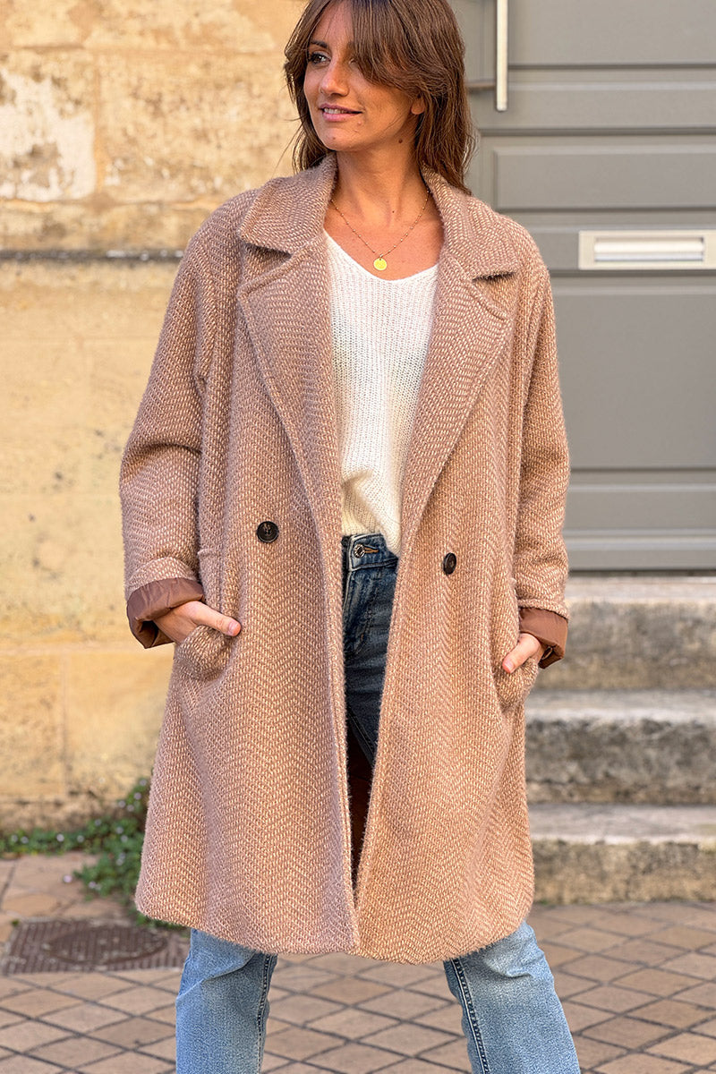 Camel Herringbone Knit Sweater Coat