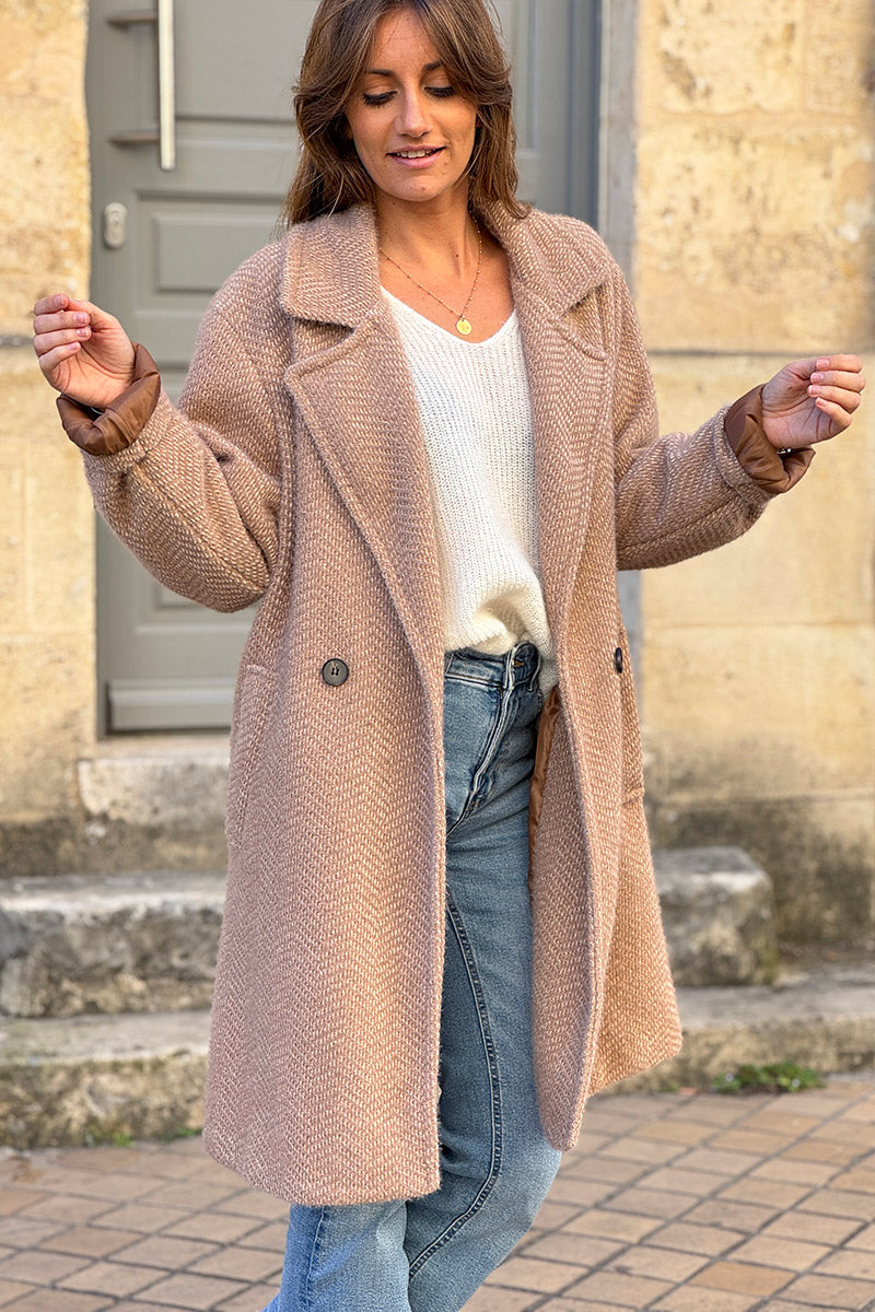 Camel Herringbone Knit Sweater Coat