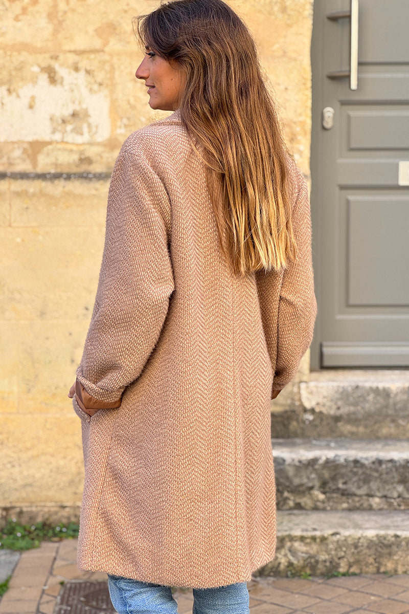 Camel Herringbone Knit Sweater Coat