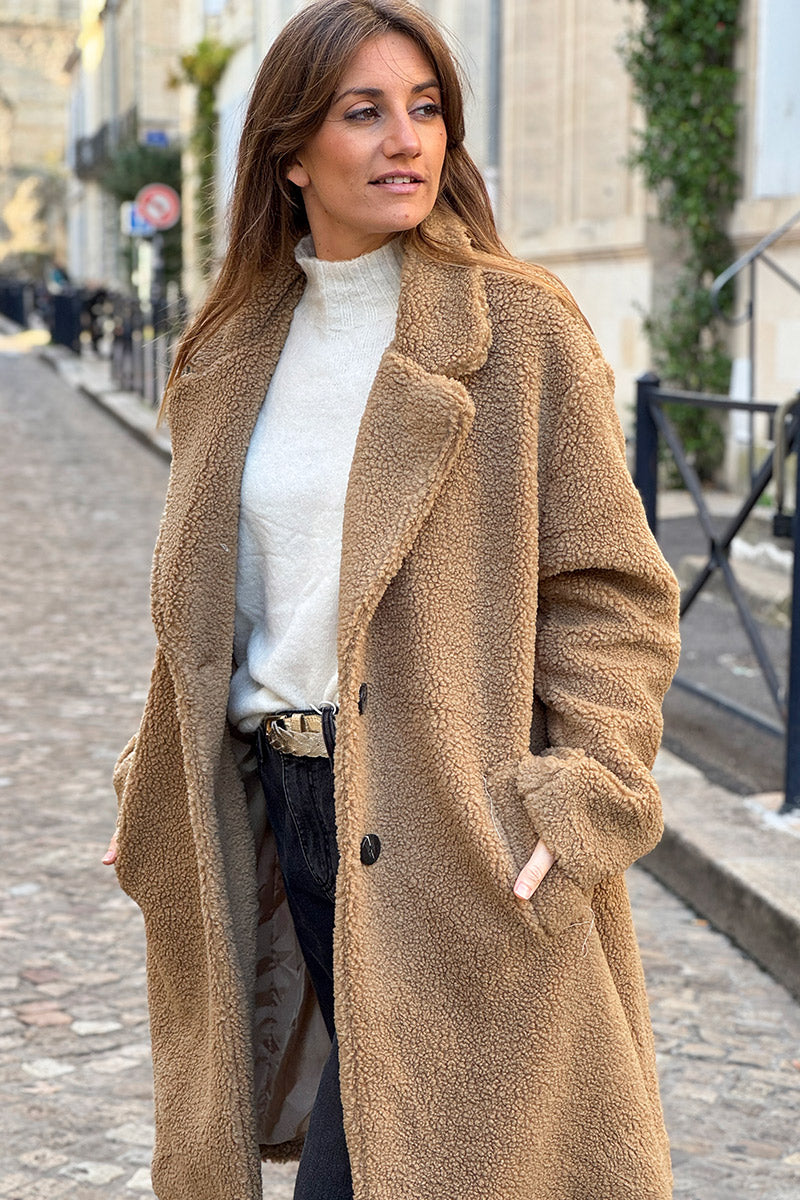 Latte Notched Collar Sherpa Coat