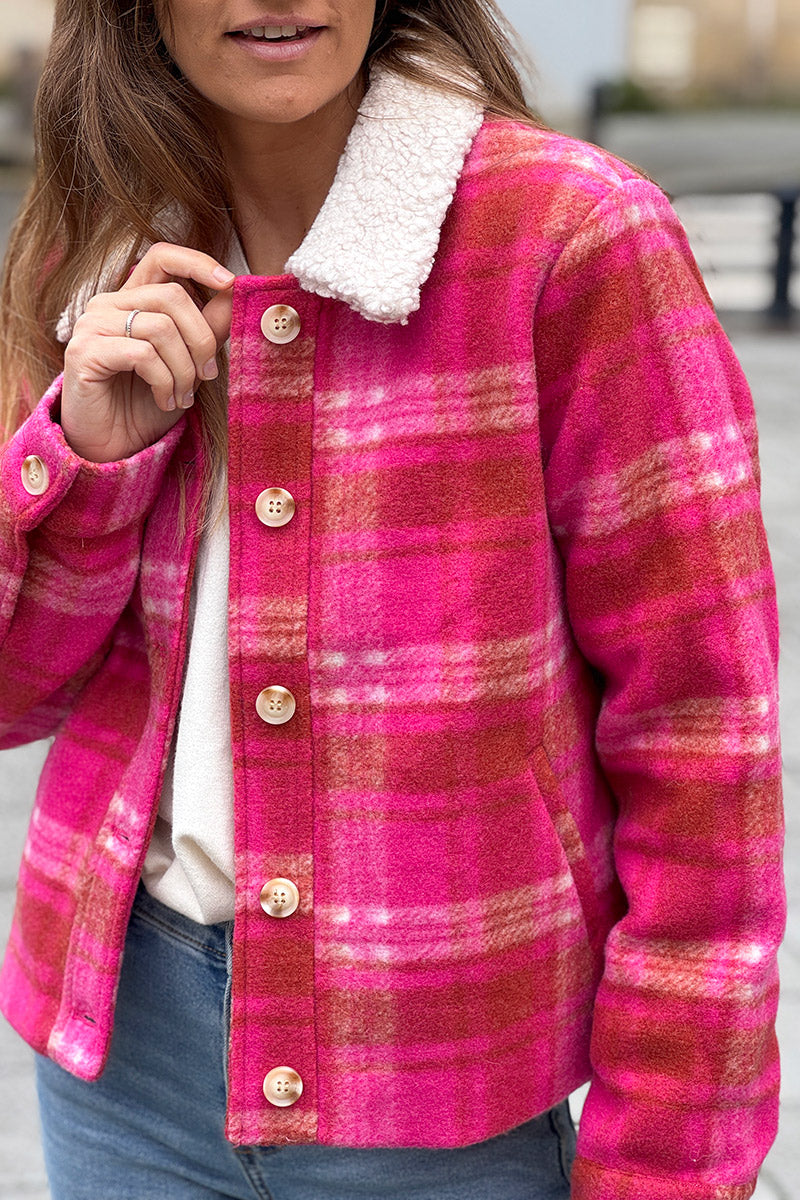 Cranberry Plaid Cropped Fleece Jacket