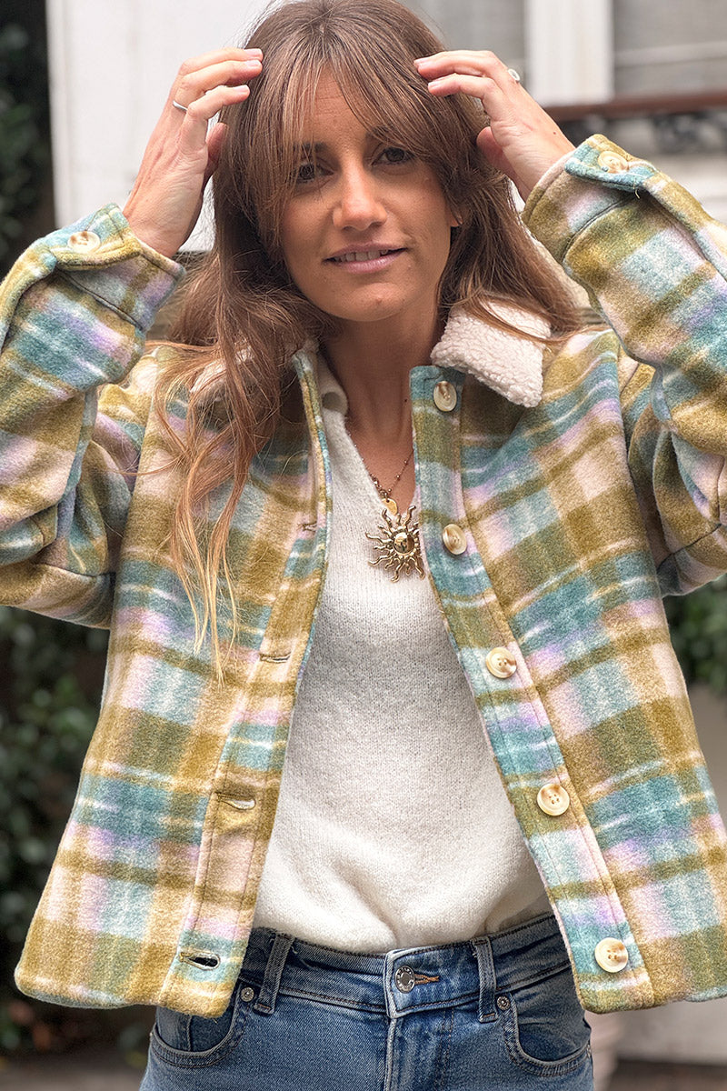 Olive Plaid Cropped Fleece Jacket