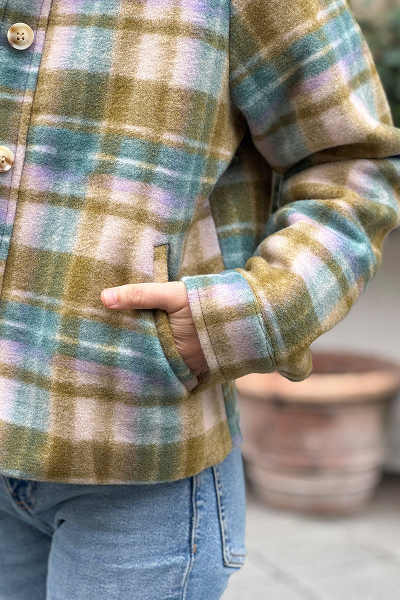 Olive Plaid Cropped Fleece Jacket