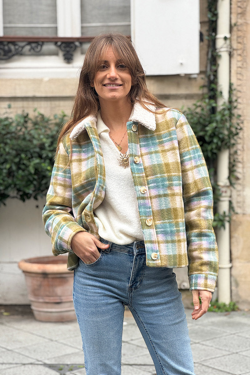 Olive Plaid Cropped Fleece Jacket