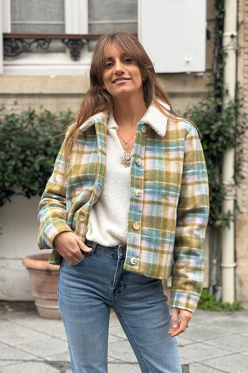 Olive Plaid Cropped Fleece Jacket