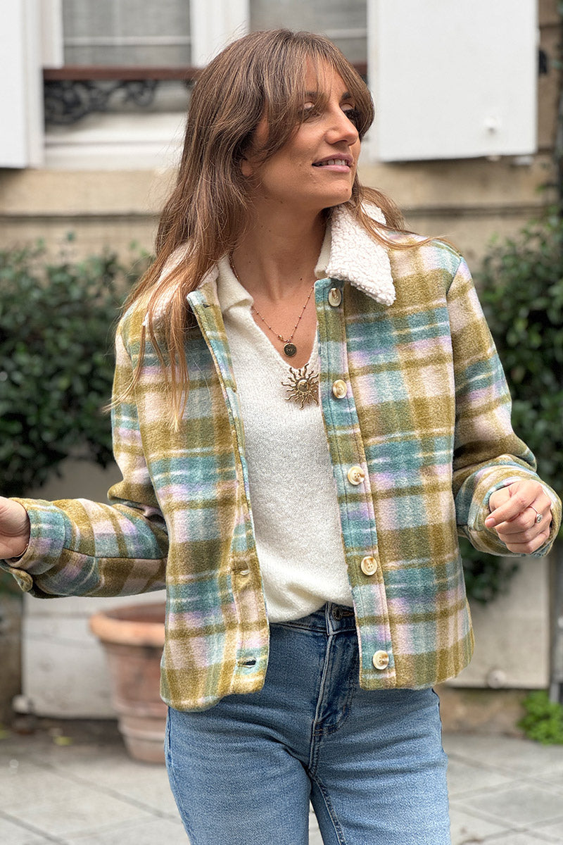 Olive Plaid Cropped Fleece Jacket