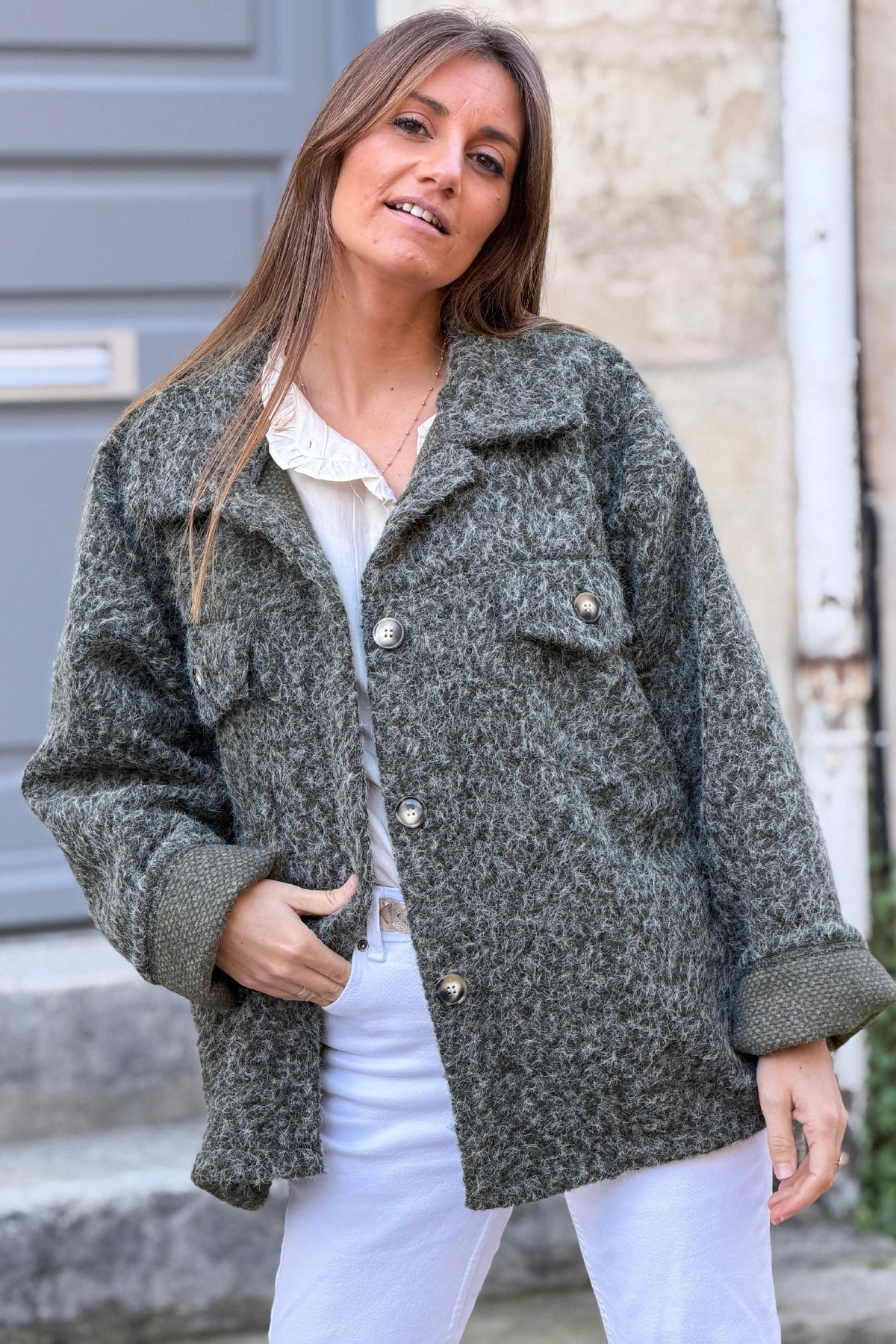 Sage Fuzzy Knit Sweater Coat