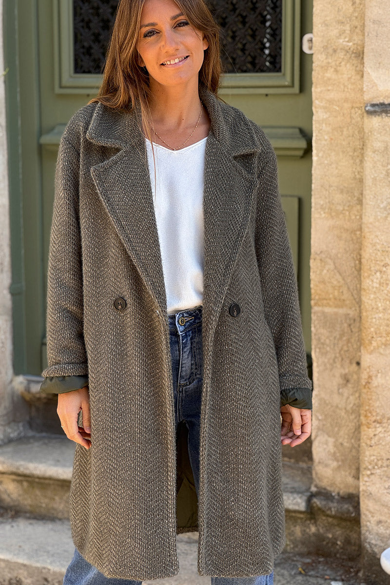 Manteau kaki long et doux en maille chenille