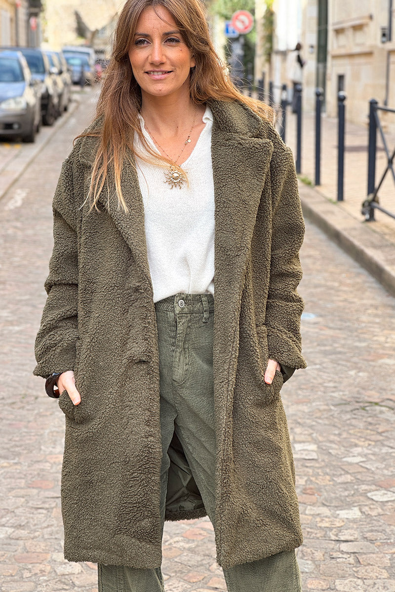Olive Notched Collar Sherpa Coat