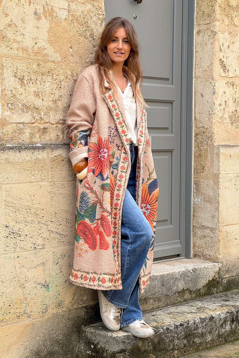 Beige Boho Floral Fleece Duster Jacket