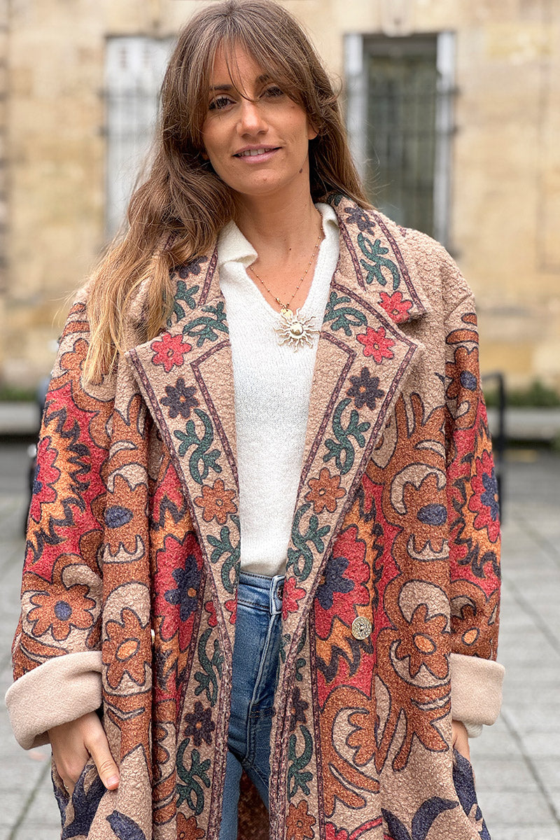 Taupe Boho Scroll Fleece Duster Jacket