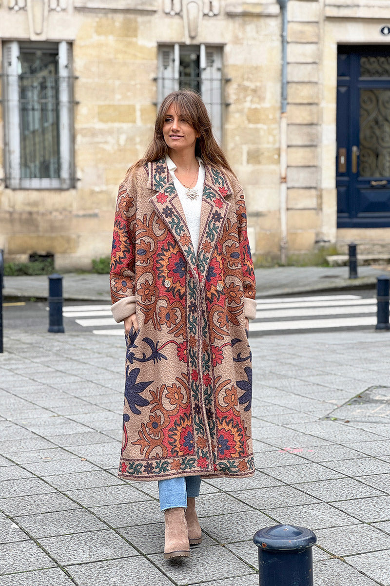 Taupe Boho Scroll Fleece Duster Jacket