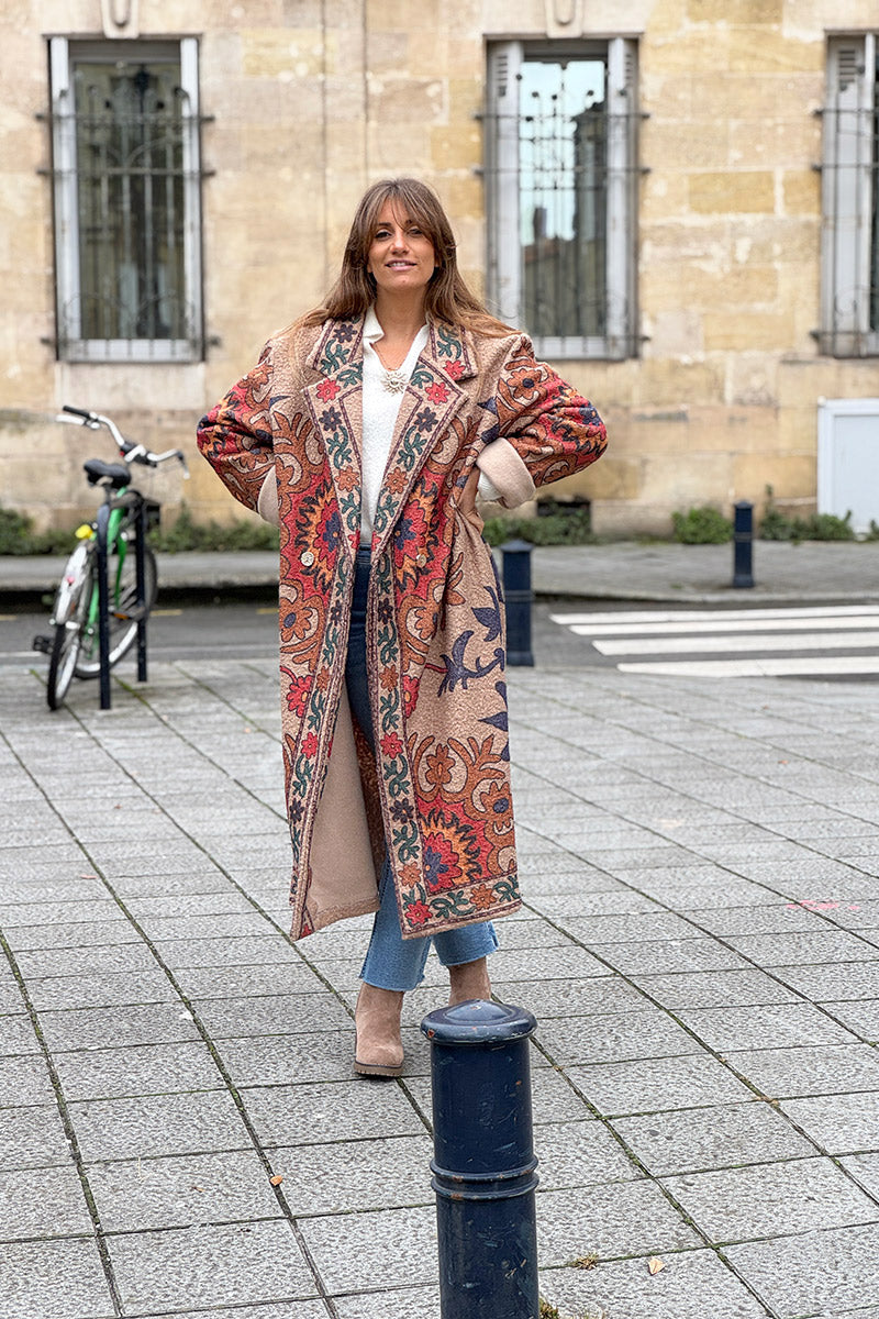 Taupe Boho Scroll Fleece Duster Jacket