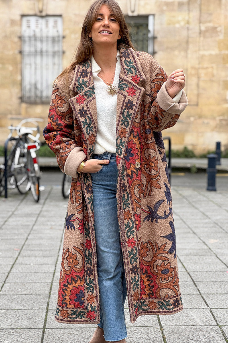 Taupe Boho Scroll Fleece Duster Jacket