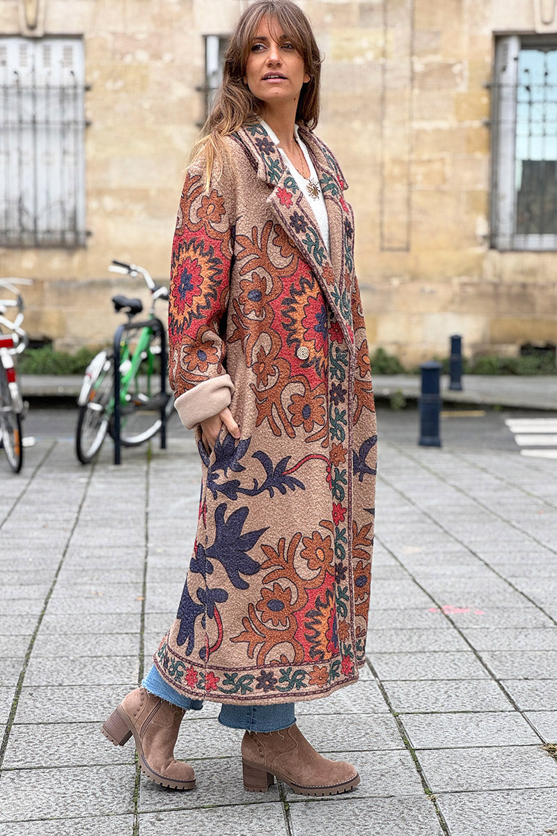 Taupe Boho Scroll Fleece Duster Jacket