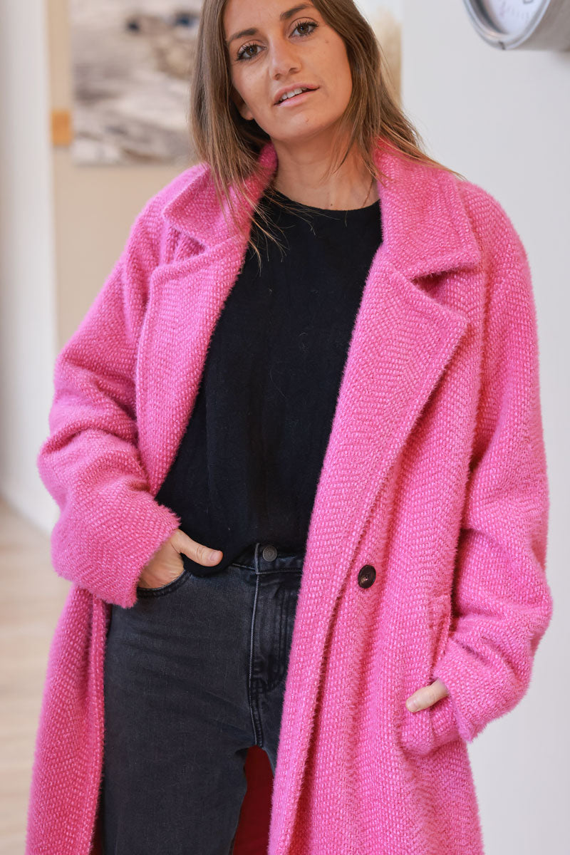 Manteau long fuchsia doublé maille chenille boutons écaille et poches