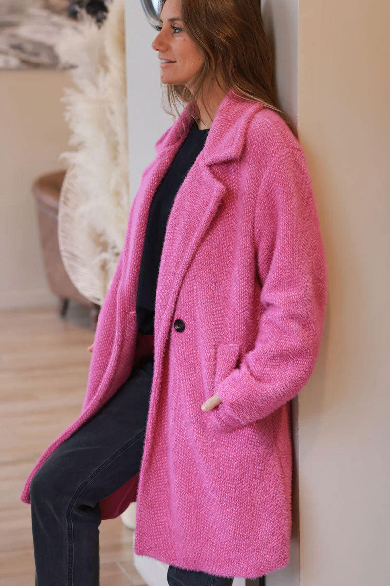 Manteau long fuchsia doublé maille chenille boutons écaille et poches