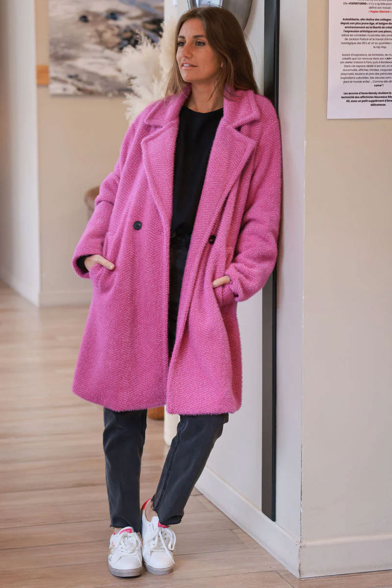 Manteau long fuchsia doublé maille chenille boutons écaille et poches