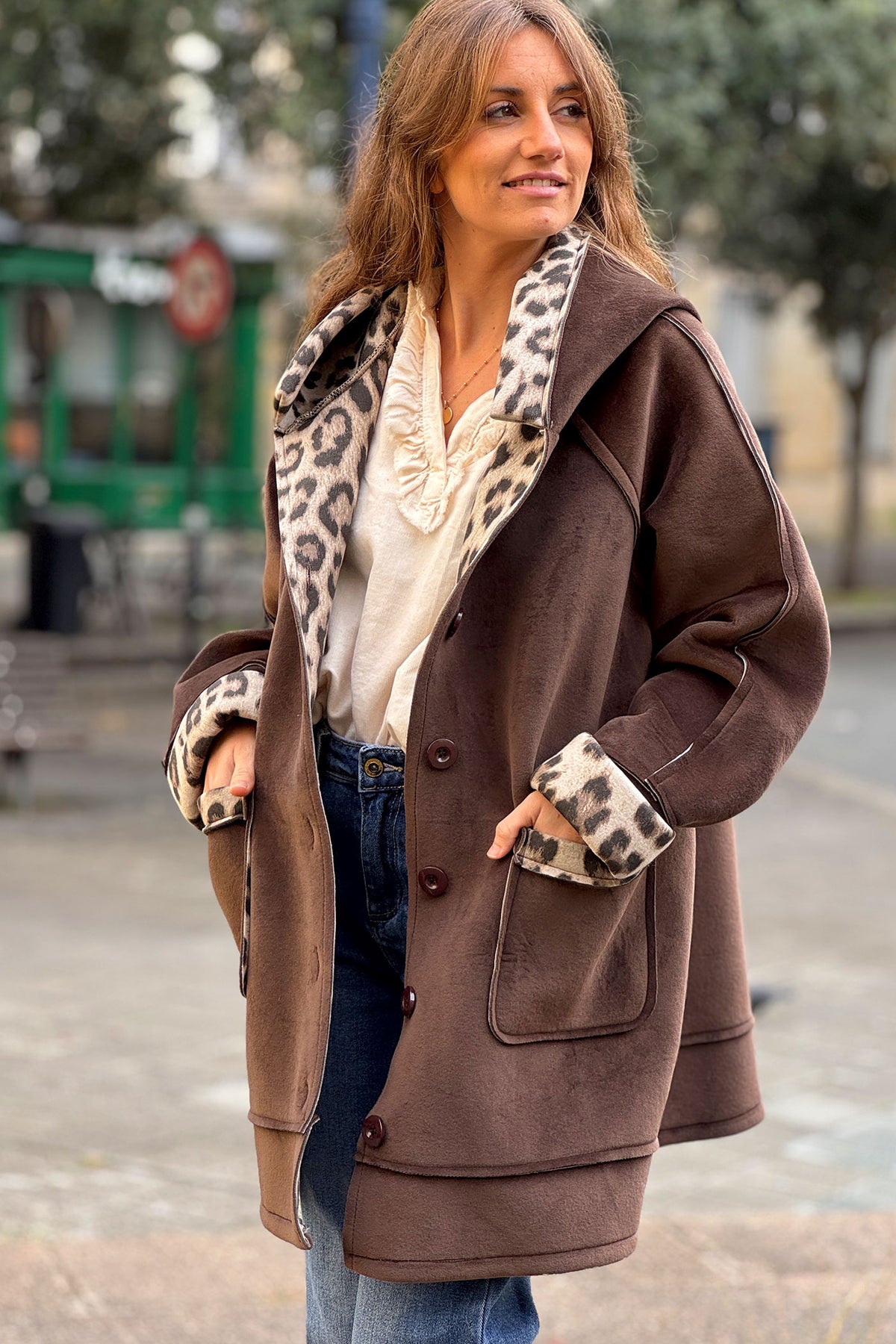 Brown Velvet Hooded Jacket with Leopard Trim