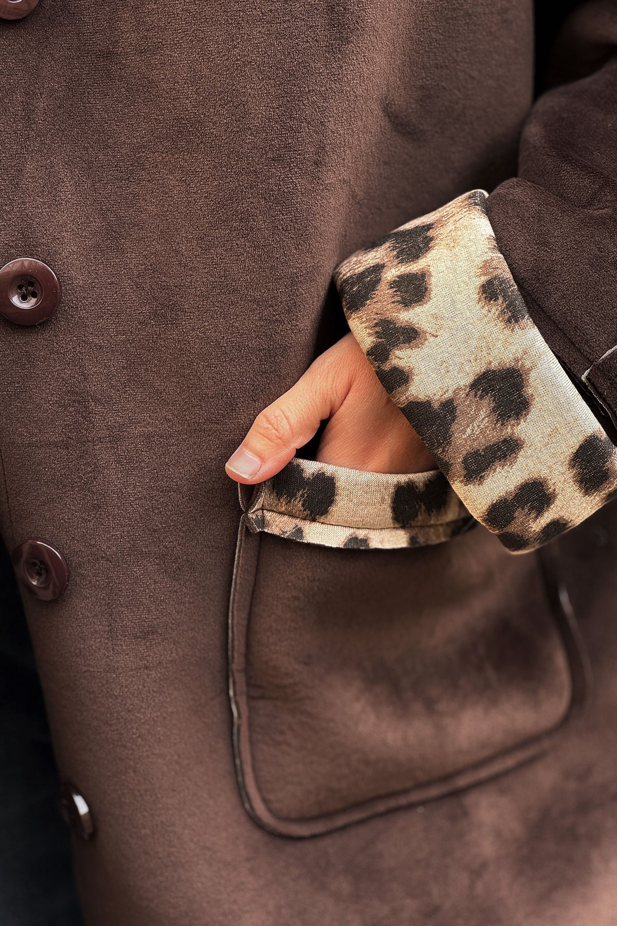 Brown Velvet Hooded Jacket with Leopard Trim