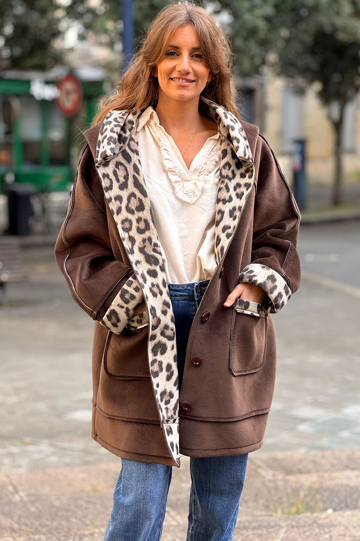 Brown Velvet Hooded Jacket with Leopard Trim