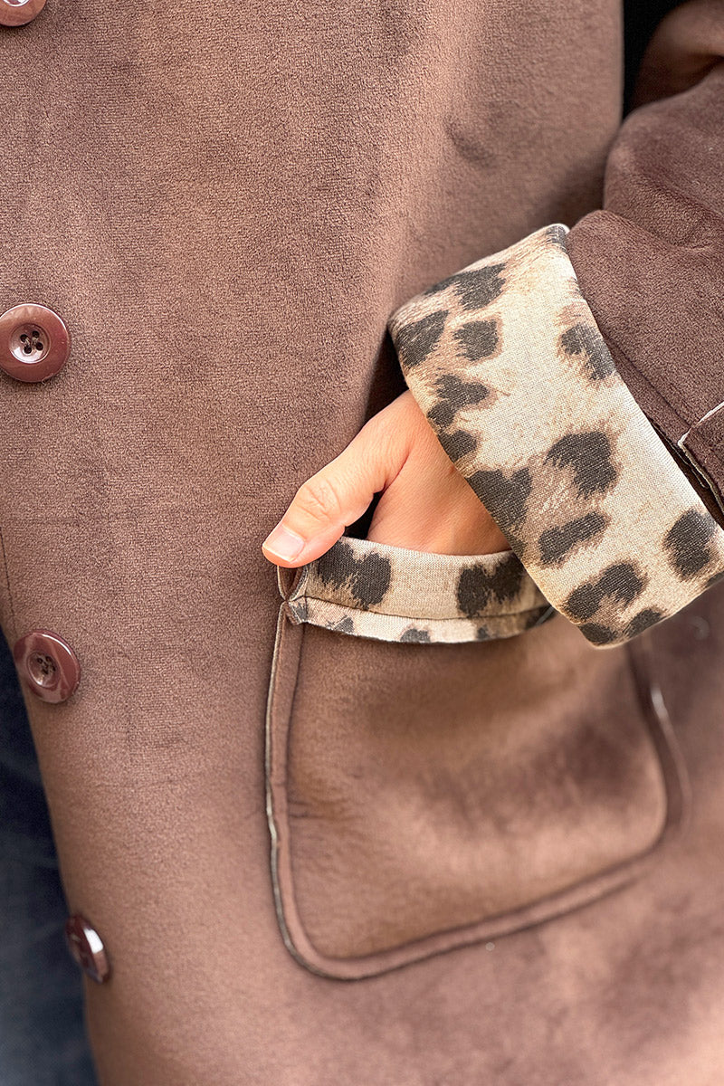 Brown Velvet Hooded Jacket with Leopard Trim