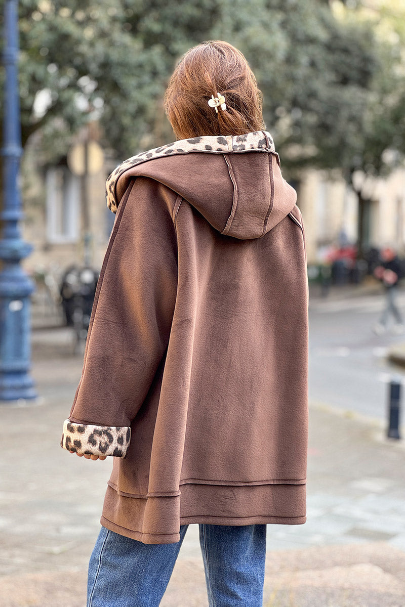 Brown Velvet Hooded Jacket with Leopard Trim