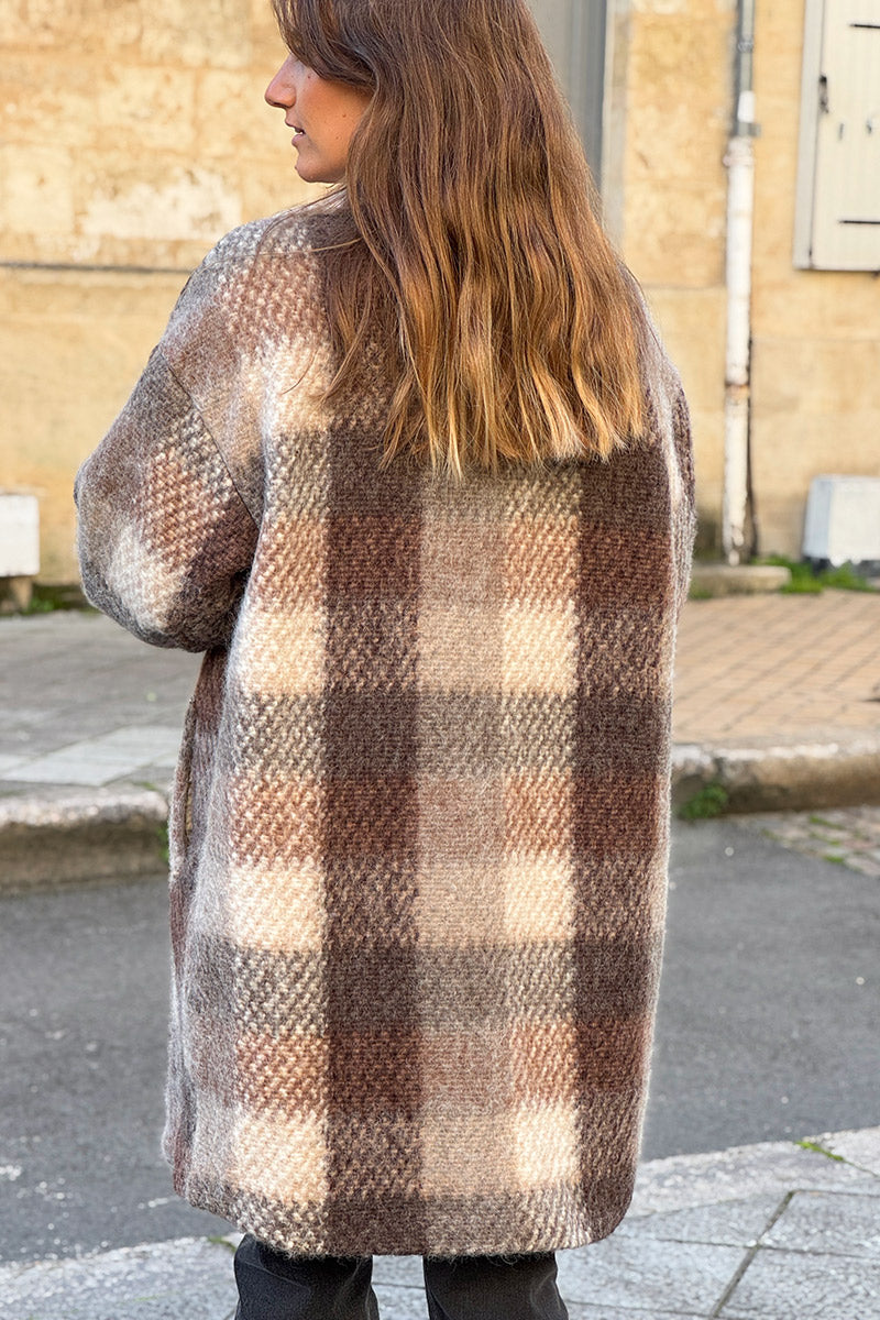 Taupe Boucle Plaid Wool Blend Peacoat