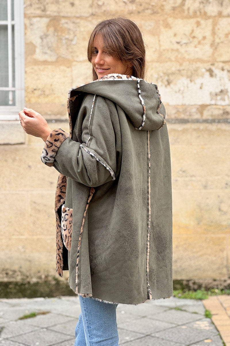 Olive Leopard Reversible Faux Fur Coat