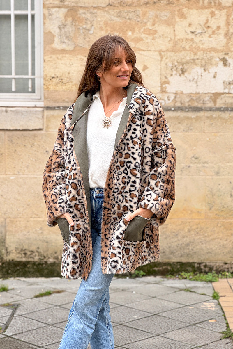 Olive Leopard Reversible Faux Fur Coat