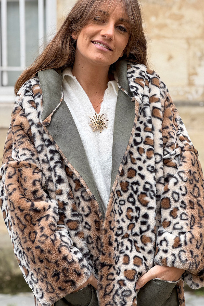Olive Leopard Reversible Faux Fur Coat
